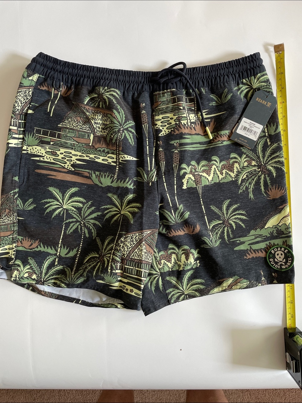 Roark Black Swim Trunks with Green and Tan Tropical Print